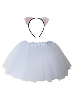 Girls White Cat Costume - Complete Kids Costume Set With Tutu & Flip Sequin Cat Ears Headband