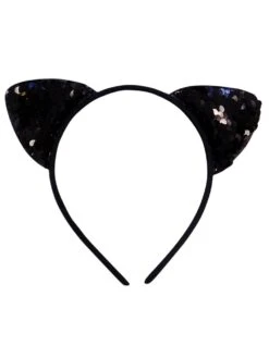 Flip Sequin Black Cat Girls Headband Ears, Kid Or Adult Size Costume Accessories