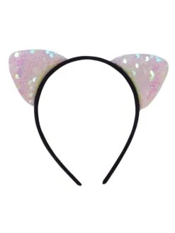 Flip Sequin White Cat Girls Headband Ears, Kid Or Adult Size Costume Accessories