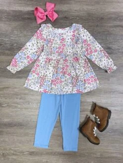 Flower Garden Blue & Pink Girls Top & Leggings Outfit