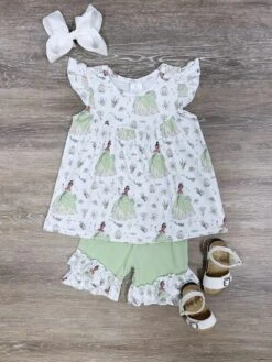 Frog Princess Light Green Girls Ruffle Trim Shorts Outfit