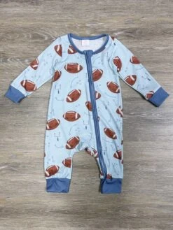 Game Day Football Light Blue Zip Up Baby Romper