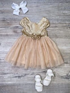 Golden Sequin Bow Tulle Fancy Or Special Occasion Girls Tutu Dress