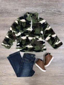 Green Camo Minky Plush Fleece Quarter Zip Top