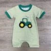 Green Tractor Time Boys Striped Baby Romper
