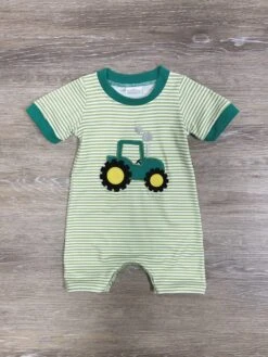 Green Tractor Time Boys Striped Baby Romper