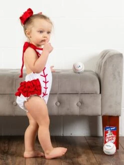 Baseball Stitch Red Halter Bubble Baby Romper
