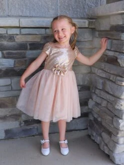 Golden Sequin Bow Tulle Fancy Or Special Occasion Girls Tutu Dress -Little Loom Store HadleyGoldSequinDress3