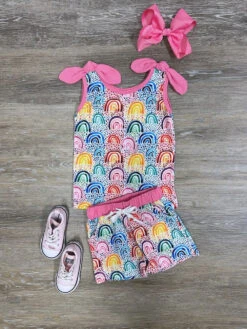 Happy Vibes Girls Rainbow Tank Top & Shorts Outfit