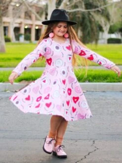 Sip Of Love Donut Hearts Pink Girls Skater Dress -Little Loom Store HarlowSipOfLoveDress3