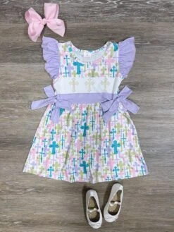 He Lives Girls Purple Ruffle & Bow Easter Cross Dress