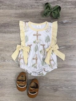 He Lives Yellow Bow Ruffle Trim Girls Easter Baby Bubble Romper