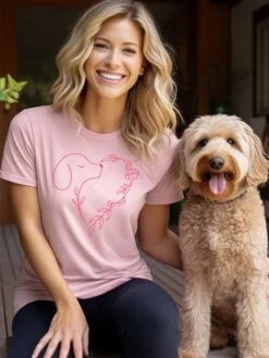 Heart Dog Line Drawing Dog Mom Valentine's Day Short Sleeve Graphic T-Shirt -Little Loom Store HeartDogLineDrawingPink