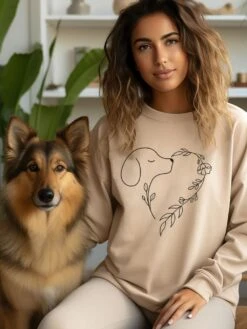 Heart Dog Line Drawing Dog Mom Valentine's Day Long Sleeve Graphic Sweatshirt -Little Loom Store HeartDogLineDrawingSweatshirtSand