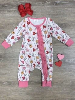 Heart Sucker For You Girls Baby Zip Up Pink Trim Romper