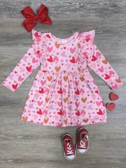 Hearts Aflutter Ruffle Trim Girls Long Sleeve Heart Dress