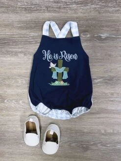 He Is Risen Blue Plaid Boys Easter Baby Bubble Romper