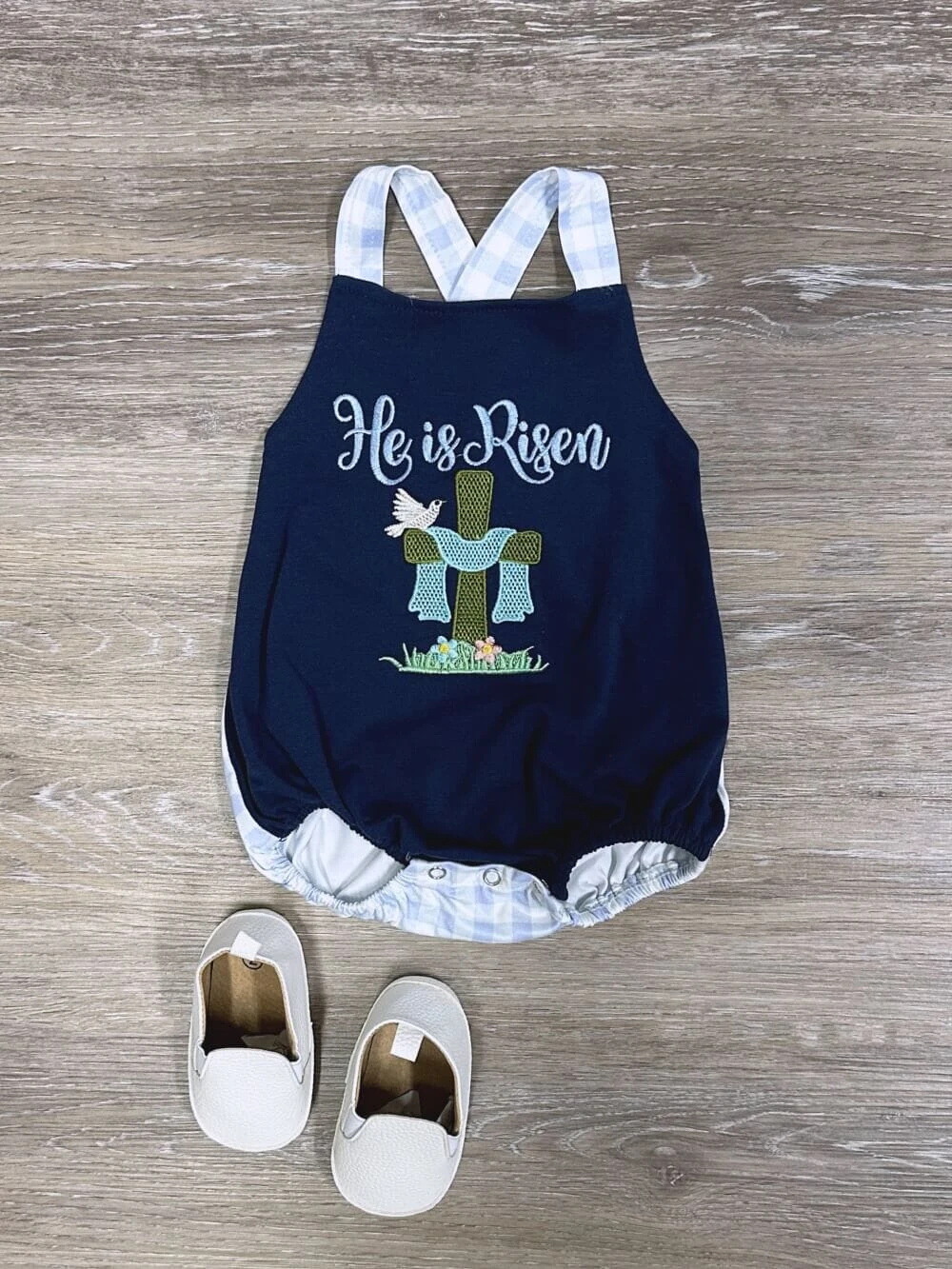 He Is Risen Blue Plaid Boys Easter Baby Bubble Romper 3 He Is Risen Blue Plaid Boys Easter Baby Bubble Romper