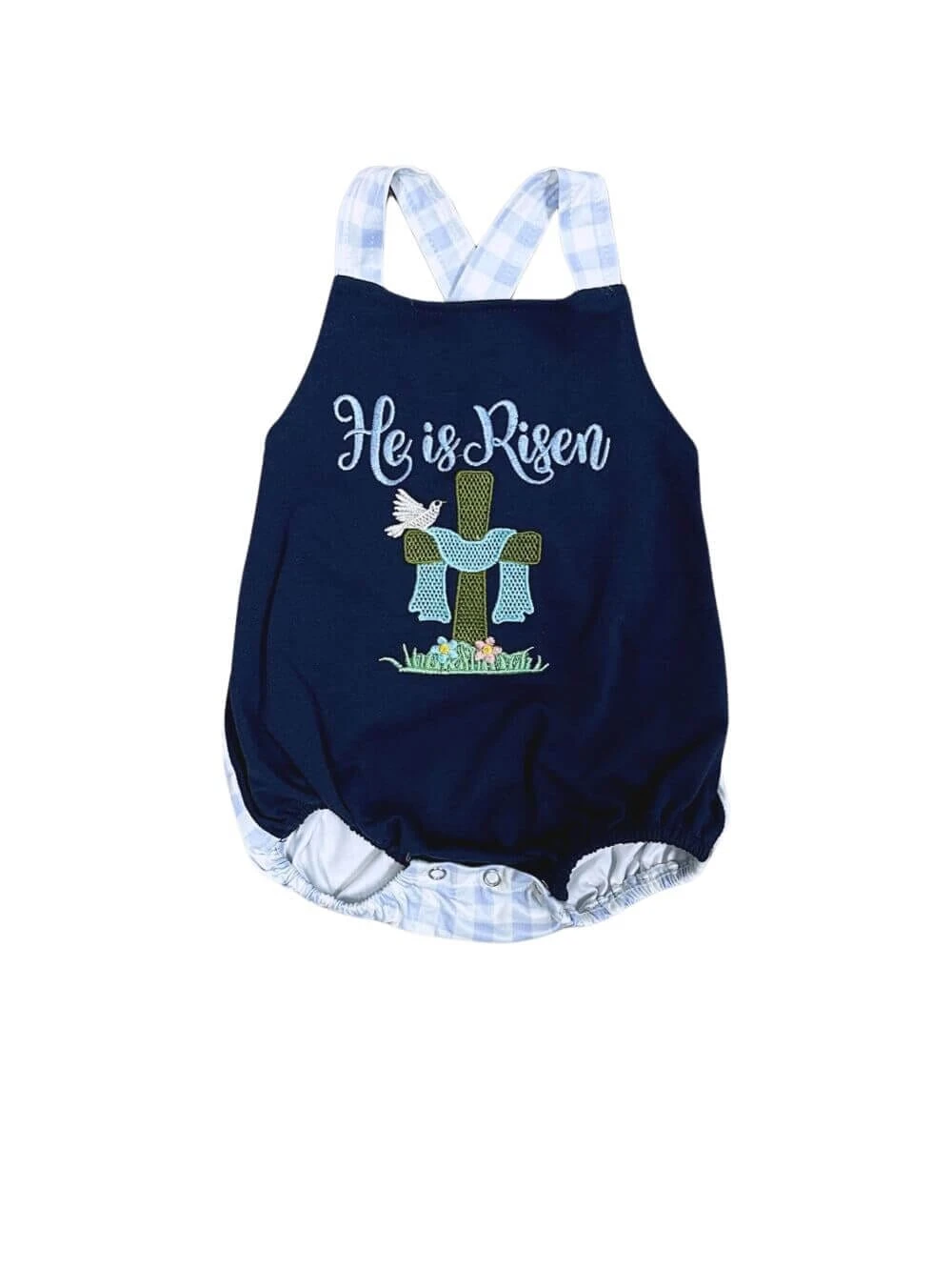 He Is Risen Blue Plaid Boys Easter Baby Bubble Romper 4 He Is Risen Blue Plaid Boys Easter Baby Bubble Romper - Image 2