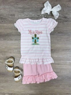 He Is Risen Pink Stripe Girls Easter Shorts Outfit
