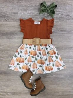 Hello Pumpkin Girls Short Sleeve Belted Dress
