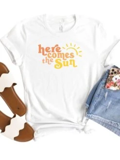 Here Comes The Sun Women's Jersey Short Sleeve Graphic Tee -Little Loom Store HereComestheSunWhite