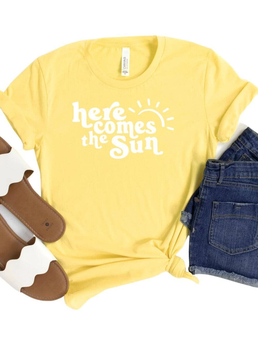 Here Comes The Sun Yellow Women's Jersey Short Sleeve Graphic Tee 3 Here Comes The Sun Yellow Women's Jersey Short Sleeve Graphic Tee
