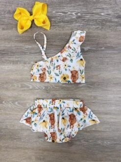Highland Cow 2 Piece Girls Skirted Swimsuit Set