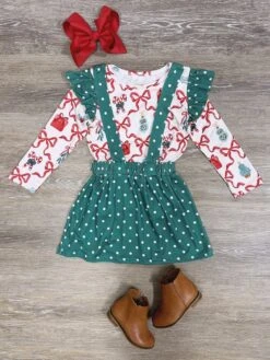 Holiday Cheer Green Polka Dot Girls Suspender Skirt Outfit