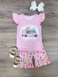 Ice Cream Truck Pink Acid Wash Girls Shorts Outfit