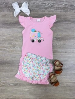 Ice Cream & Flowers Summer Girls Pink Ruffle Shorts Outfit