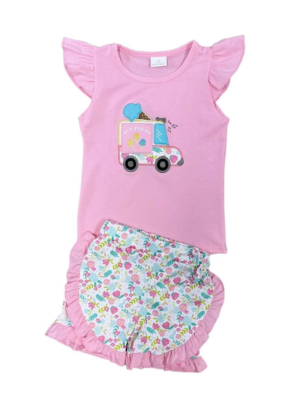 Ice Cream & Flowers Summer Girls Pink Ruffle Shorts Outfit 4 Ice Cream & Flowers Summer Girls Pink Ruffle Shorts Outfit - Image 2