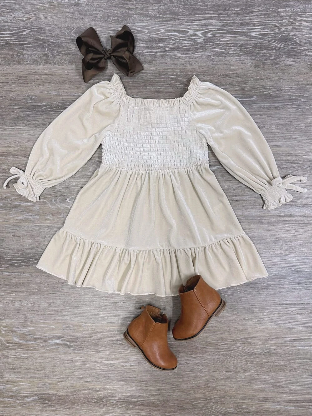 Ivory Puff Sleeve Smocked Girls Velvet Dress 3 Ivory Puff Sleeve Smocked Girls Velvet Dress