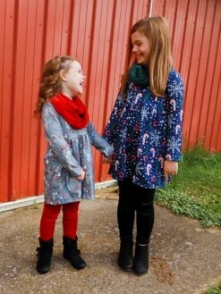 Peppermint Kisses Blue & Green Velvet Candy Cane Girls Scarf Outfit 9 Peppermint Kisses Blue & Green Velvet Candy Cane Girls Scarf Outfit -Little Loom Store JustineScarfOutfits2