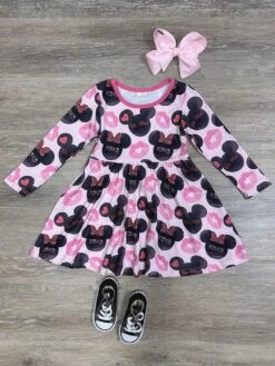 Kiss The Mouse Girls Pink & Black Long Sleeve Dress