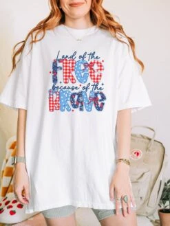 Land Of The Free Summer Unisex Tee Comfort Colors 4th Of July Patriotic Graphic T-Shirt -Little Loom Store Land of the Free White