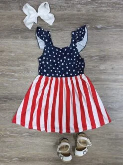 Land Of The Free Girls USA Flag Print Ruffle Tank Dress