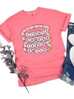 Lights Camera Teach Smile Teacher Comfort Colors Graphic T-Shirt -Little Loom Store LightsWatermelon