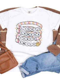 Lights Camera Teach Smile Teacher Comfort Colors Graphic T-Shirt -Little Loom Store LightsWhite