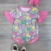 Littlest Lucky Charm Pink Ruffle Girls Baby Bubble Romper -Little Loom Store LittlestLuckyCharmPinkRuffleGirlsBabyBubbleRomper
