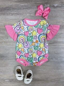 Littlest Lucky Charm Pink Ruffle Girls Baby Bubble Romper