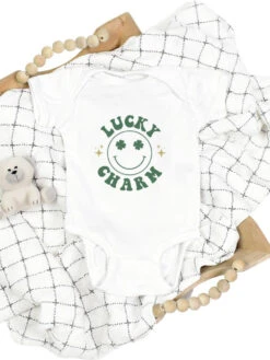 Lucky Charm Smile Face Infant Baby Short Sleeve St. Patrick's Day Rabbit Skins Bodysuit -Little Loom Store LuckyCharmBabyWhite