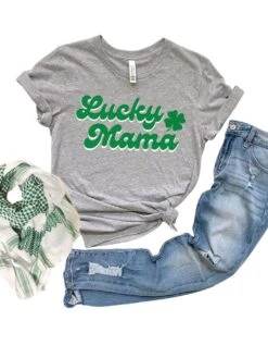Lucky Mama Women's Jersey Short Sleeve Graphic Tee - 5 Colors