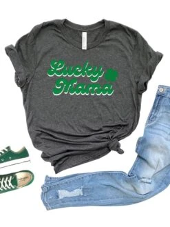 Lucky Mama Women's Jersey Short Sleeve Graphic Tee - 5 Colors -Little Loom Store LuckyMamaDeepHeather