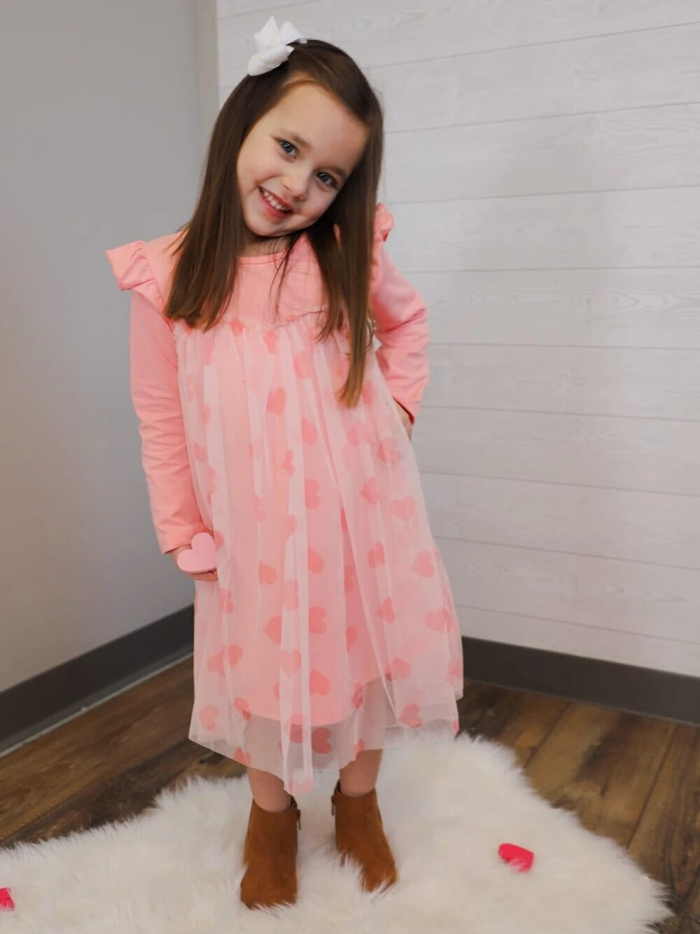Baby Pink Hearts Tulle Chiffon Ruffle Girls Dress 4 Baby Pink Hearts Tulle Chiffon Ruffle Girls Dress - Image 2