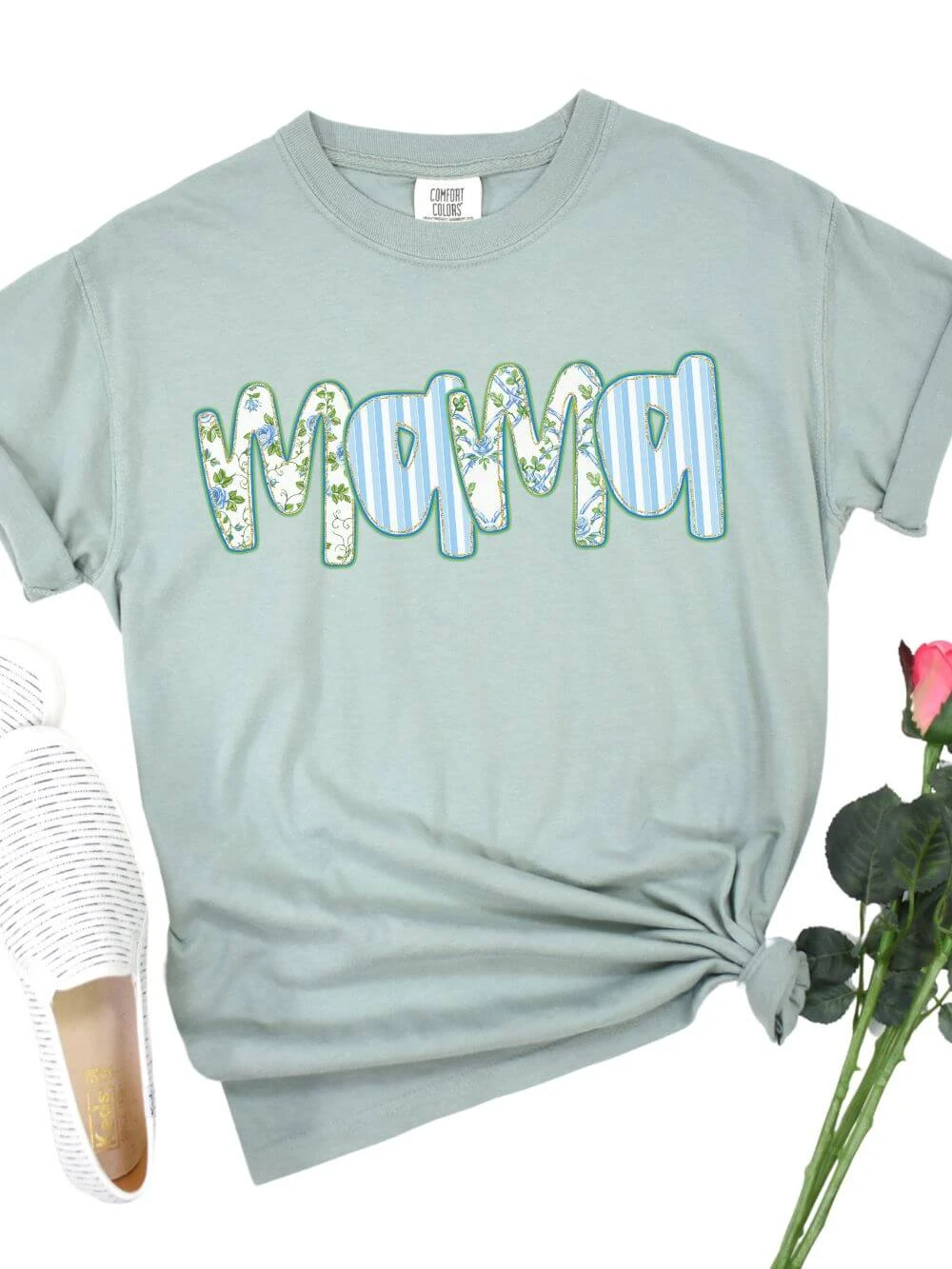 Preppy Blue Floral Mama Comfort Colors Mom Graphic T-Shirt 6 Preppy Blue Floral Mama Comfort Colors Mom Graphic T-Shirt - Image 4
