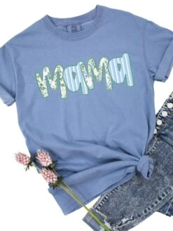 Preppy Blue Floral Mama Comfort Colors Mom Graphic T-Shirt 14 Preppy Blue Floral Mama Comfort Colors Mom Graphic T-Shirt -Little Loom Store Mama Blue Blue Jean