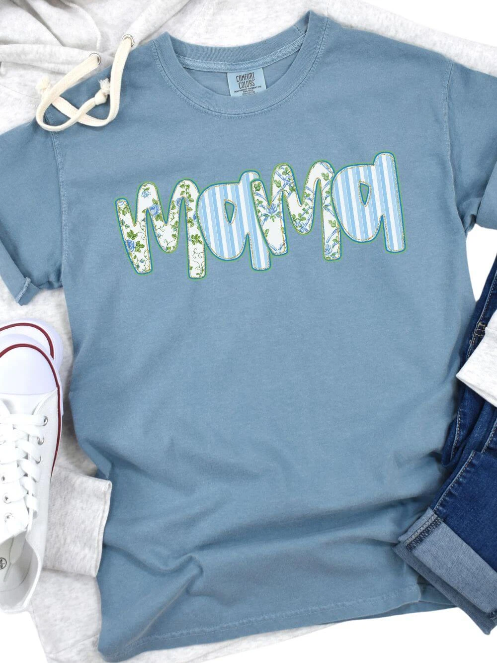 Preppy Blue Floral Mama Comfort Colors Mom Graphic T-Shirt 4 Preppy Blue Floral Mama Comfort Colors Mom Graphic T-Shirt - Image 2