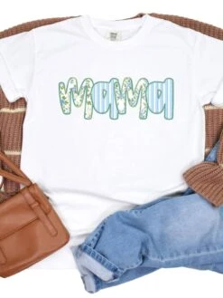 Preppy Blue Floral Mama Comfort Colors Mom Graphic T-Shirt 17 Preppy Blue Floral Mama Comfort Colors Mom Graphic T-Shirt -Little Loom Store Mama Blue White