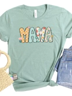 Floral Mama Graphic T-Shirt -Little Loom Store Mama Floral Heather Prism Dusty Blue